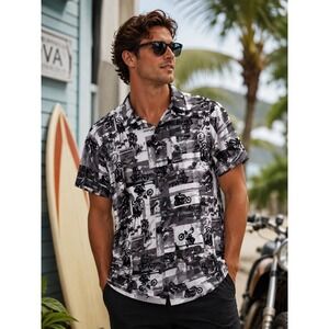 Panama Jack Mens Motorcycle Club Maui Hawaii Rayon Shirt Grey‎ Black Medium